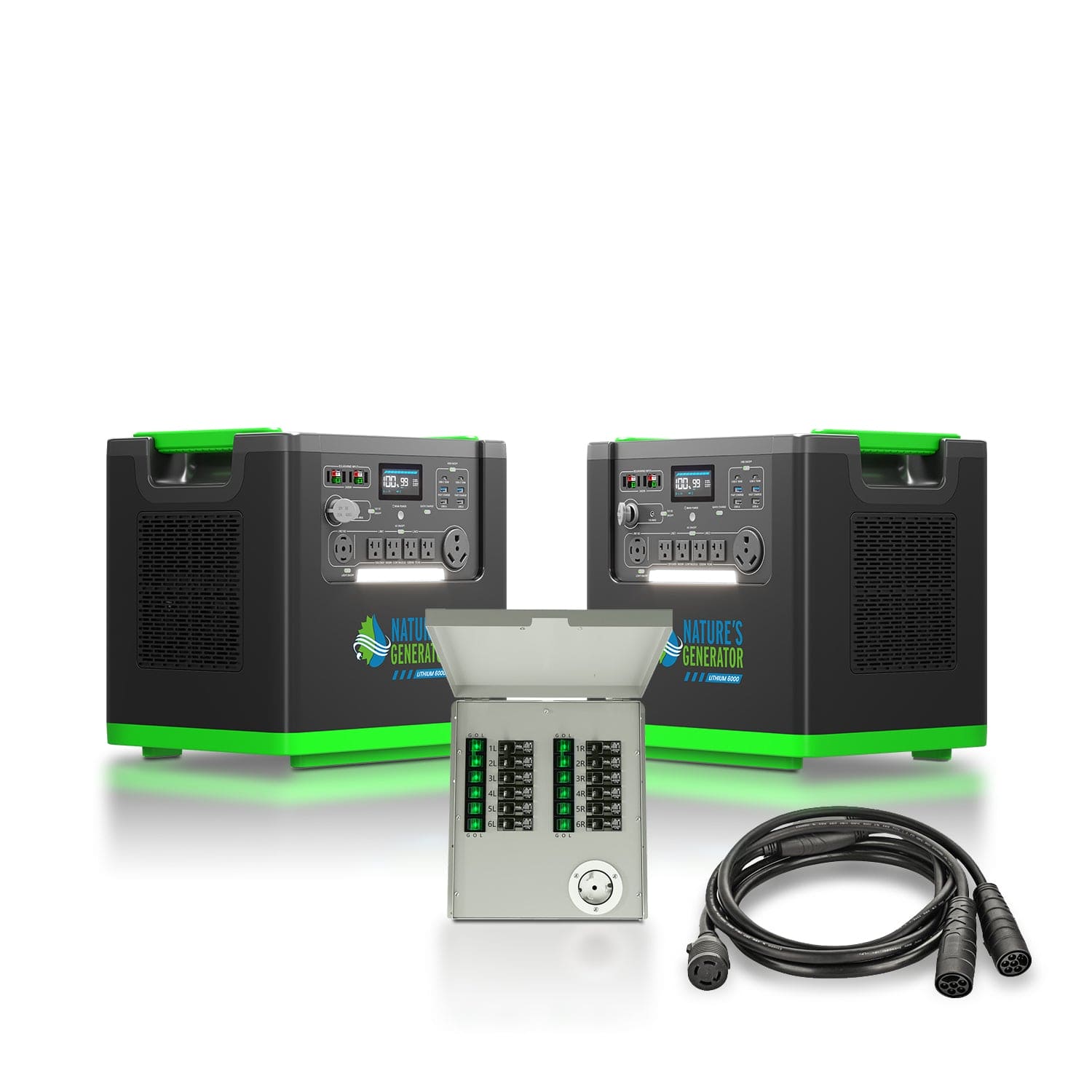 Nature's Generator Lithium 6000 Portable Power Station with Transfer Switch - Generator Vault - 2x Lithium 6000 + 12 - Circuit 50A Transfer Switch - 
