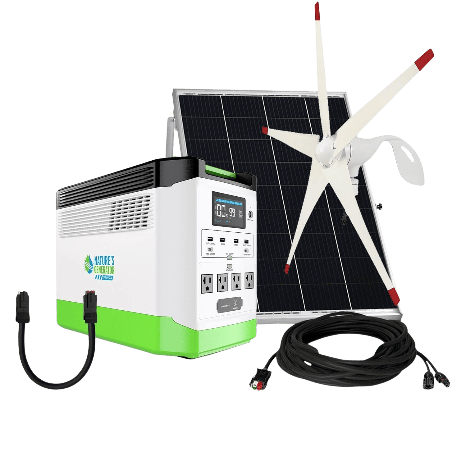 Nature's Generator Lithium 1800 Solar Generator Kit with Wind Turbine - Generator Vault - Lithium 1800 + 100W Rigid Panel + Wind Turbine - 