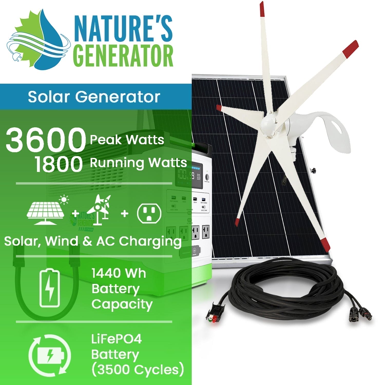 Nature's Generator Lithium 1800 Solar Generator Kit with Wind Turbine - Generator Vault - Lithium 1800 + 100W Rigid Panel + Wind Turbine - 