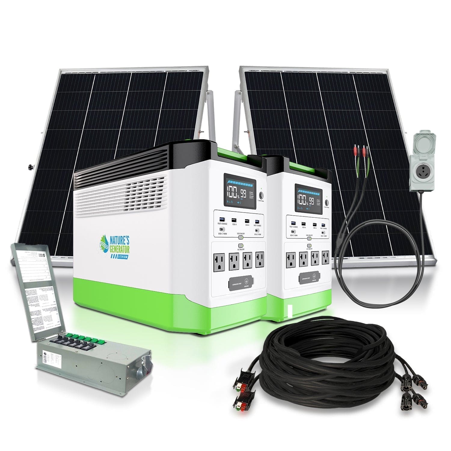 Nature's Generator Lithium 1800 Portable Power Station with Transfer Switch - Generator Vault - 2x Lithium 1800 + 2x 100W Rigid Panel + 6 - Circuit Transfer Switch - 