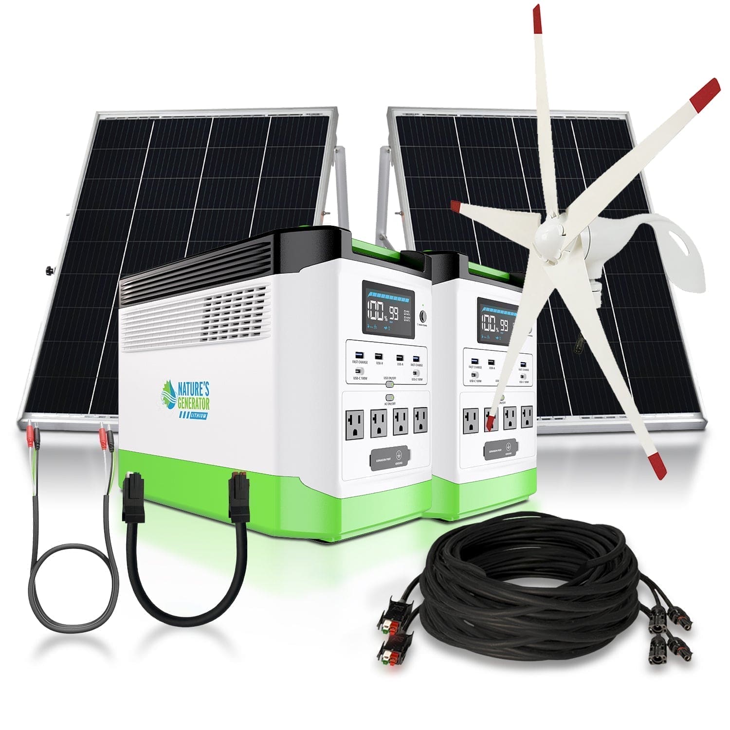 Nature's Generator Lithium 1800 Solar Generator Kit with Wind Turbine - Generator Vault - 2x Lithium 1800 + 2x 100W Rigid Panel + Wind Turbine - 