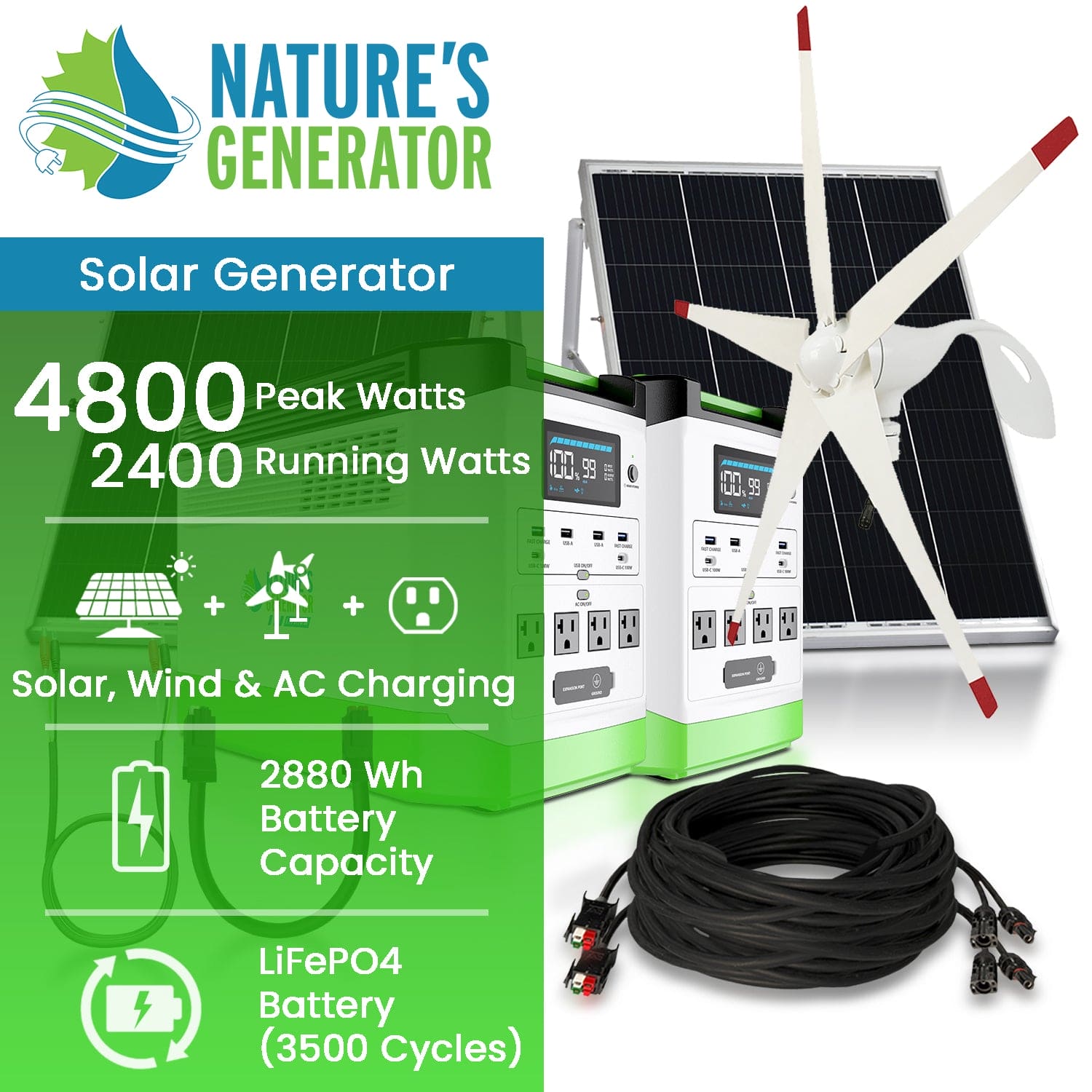 Nature's Generator Lithium 1800 Solar Generator Kit with Wind Turbine - Generator Vault - Lithium 1800 + 100W Rigid Panel + Wind Turbine - 