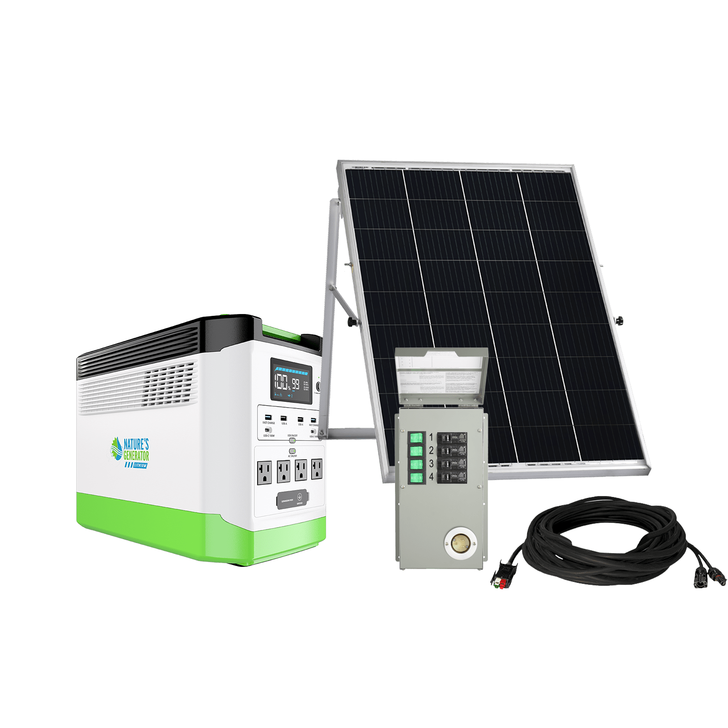 Nature's Generator Lithium 1800 Portable Power Station with Transfer Switch - Generator Vault - Lithium 1800 + 100W Rigid Panel + 4 - Circuit Transfer Switch - 