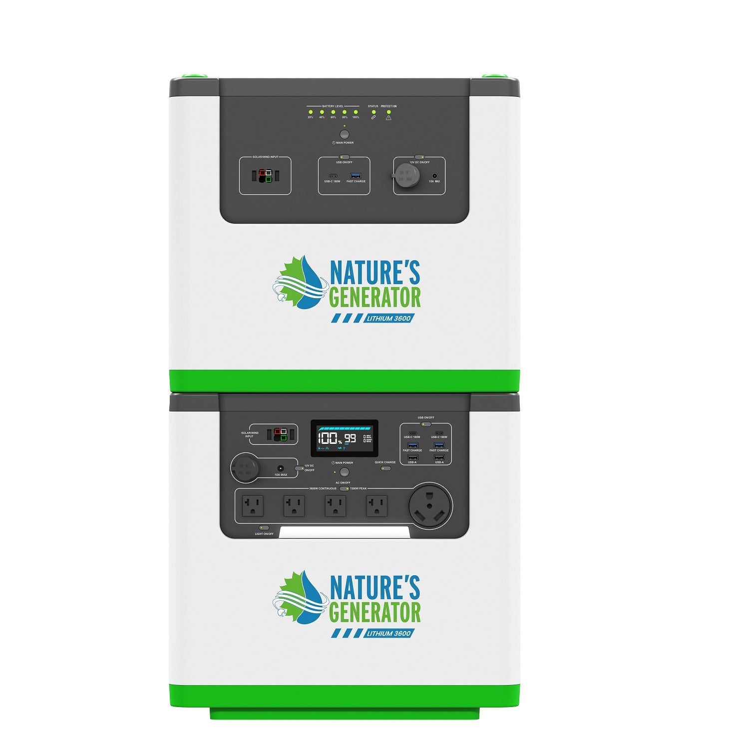 Nature's Generator Lithium 3600 Portable Power Station with Transfer Switch - Generator Vault - Lithium 3600 + 2x 100W Rigid Panel + Transfer Switch - 