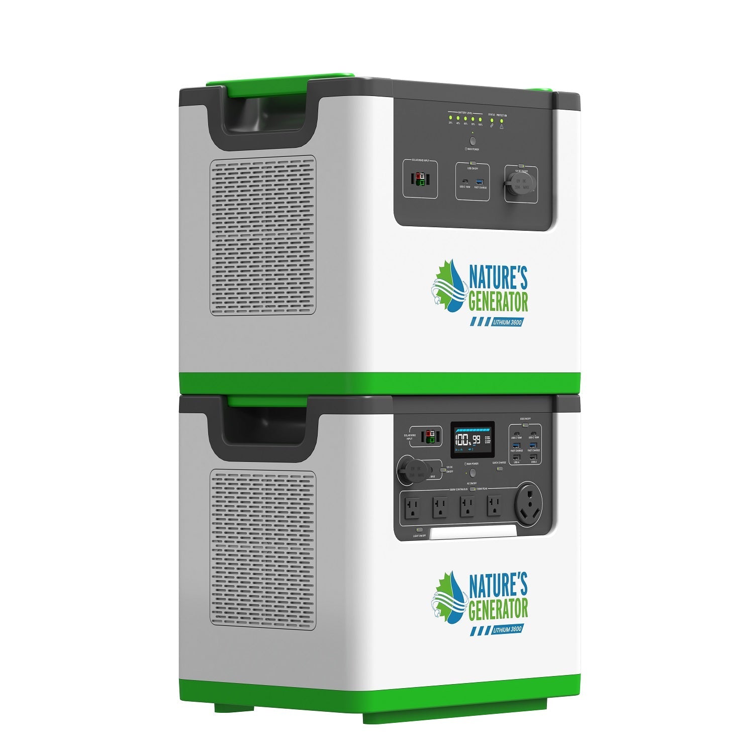 Nature's Generator Lithium 3600 Portable Power Station with Transfer Switch - Generator Vault - Lithium 3600 + 2x 100W Rigid Panel + Transfer Switch - 
