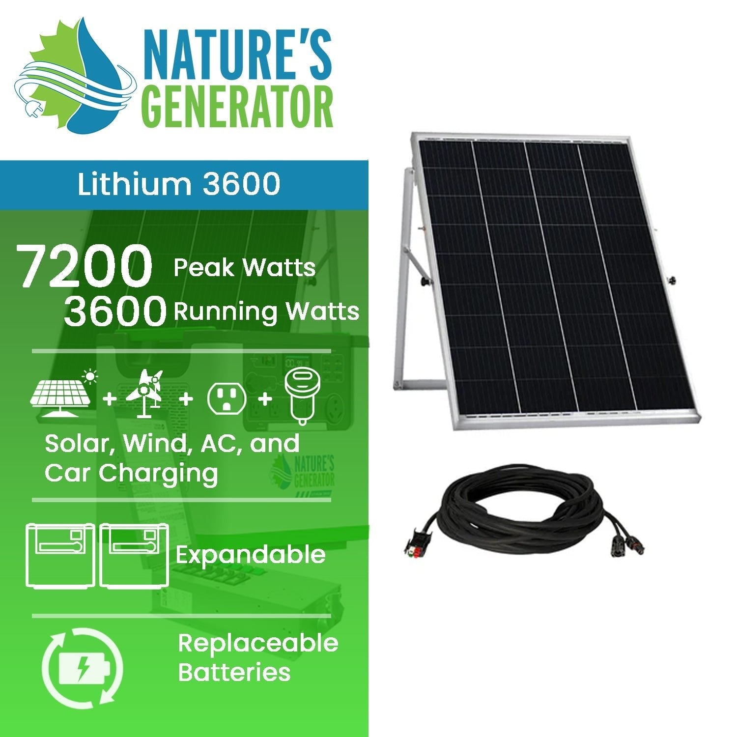 Nature's Generator Lithium 3600 Portable Power Station with Transfer Switch - Generator Vault - Lithium 3600 + 2x 100W Rigid Panel + Transfer Switch - 