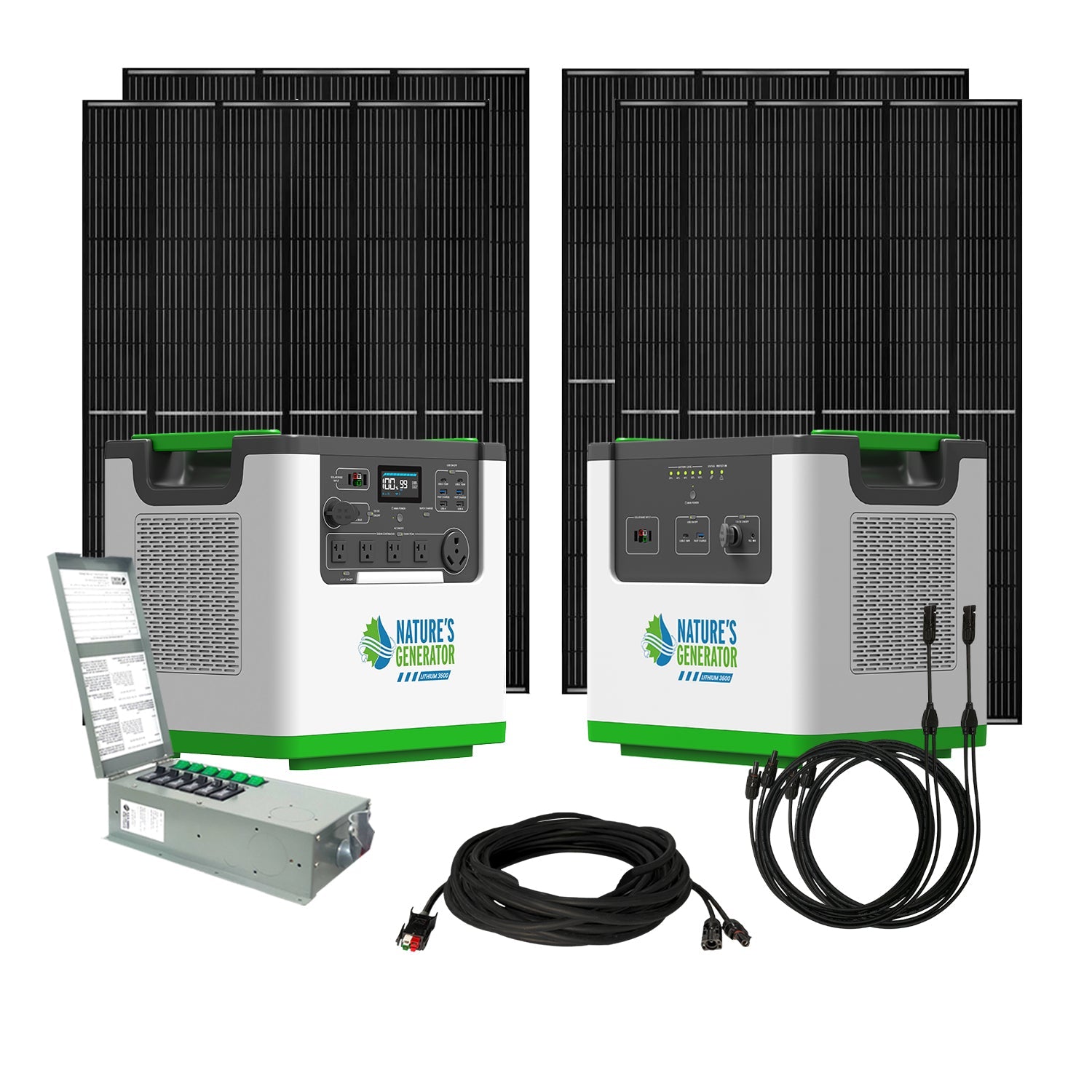 Nature's Generator Lithium 3600 Portable Power Station with Transfer Switch - Generator Vault - Lithium 3600 + Power Pod + 4x 410W Solar Panel + Transfer Switch - 