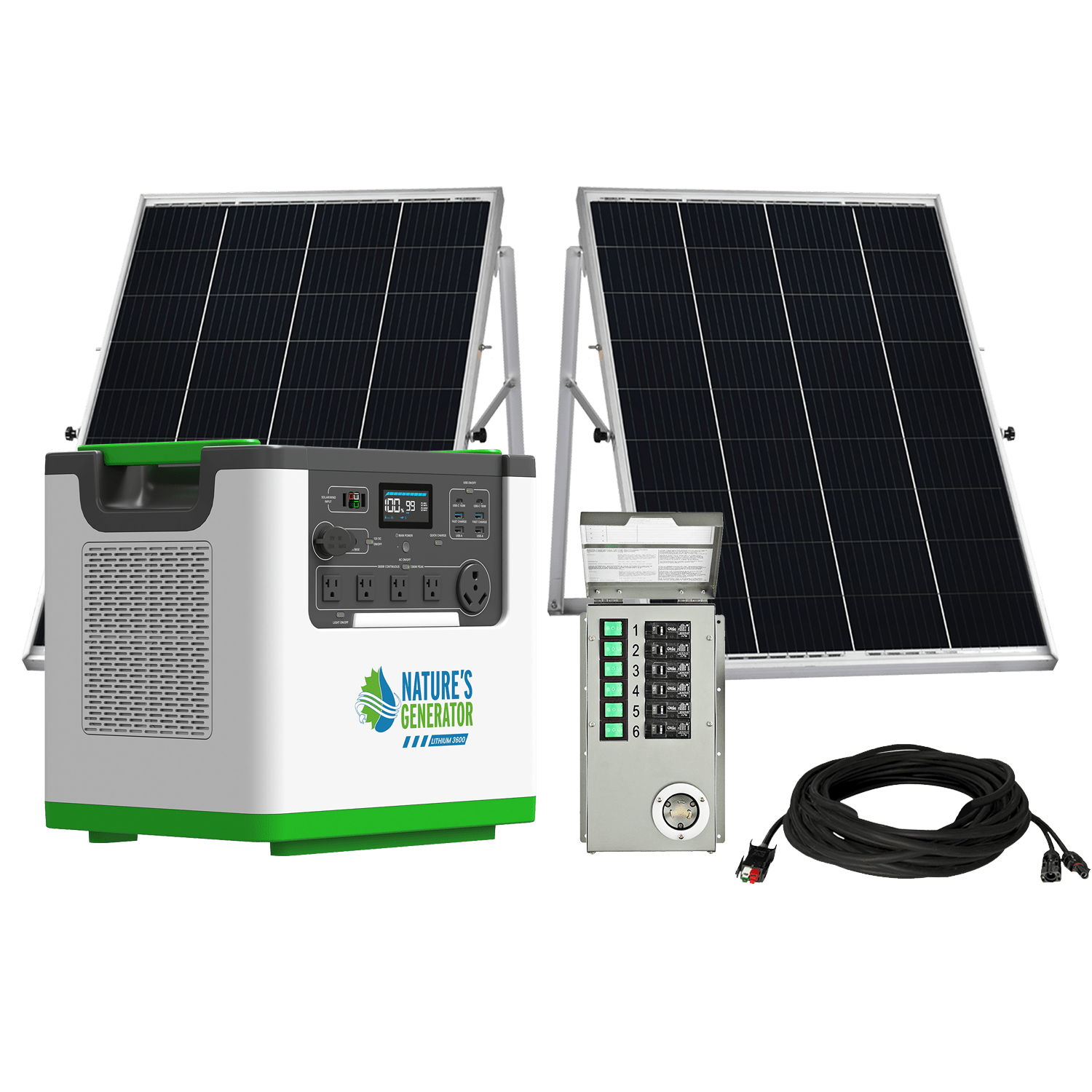 Nature's Generator Lithium 3600 Portable Power Station with Transfer Switch - Generator Vault - Lithium 3600 + 2x 100W Rigid Panel + Transfer Switch - 