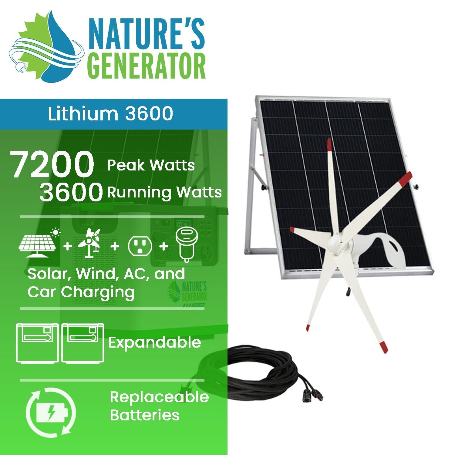 Nature's Generator Lithium 3600 Solar Generator Kit with Wind Turbine - Generator Vault - Lithium 3600 + 2x 100W Rigid Panel + Wind Turbine - 