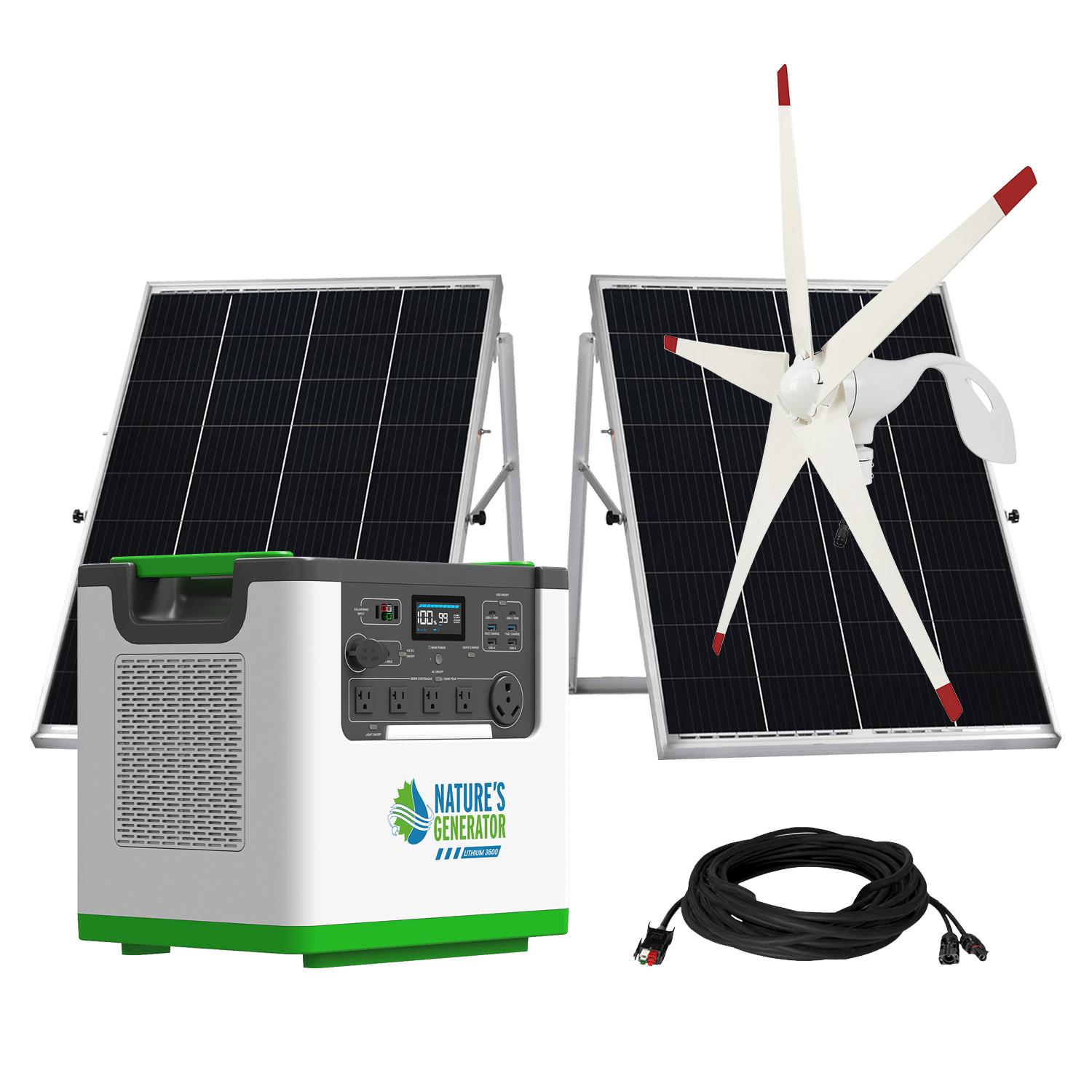 Nature's Generator Lithium 3600 Solar Generator Kit with Wind Turbine - Generator Vault - Lithium 3600 + 2x 100W Rigid Panel + Wind Turbine - 