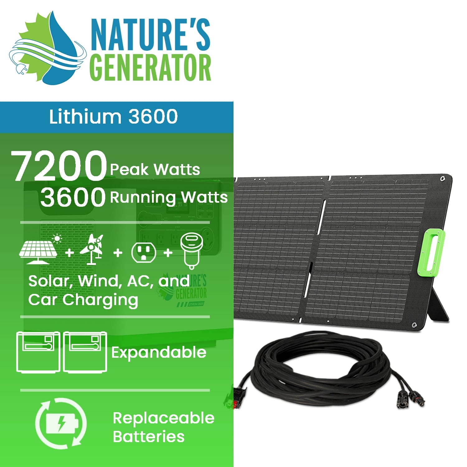 Nature's Generator Lithium 3600 Solar Generator Kit - Generator Vault - Lithium 3600 + 200W Folding Panel - 