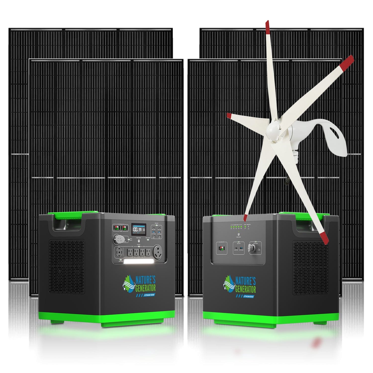Nature's Generator Lithium 6000 Solar Generator Kit with Wind Turbine - Generator Vault - Lithium 6000 + Power Pod + 4x 410W Rigid Panel + Wind Turbine - 