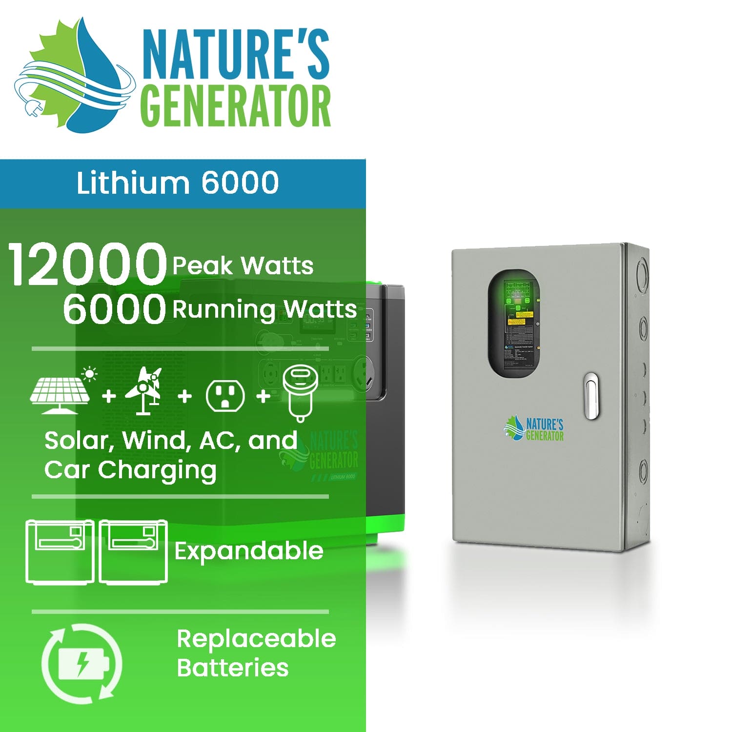 Nature's Generator Lithium 6000 Portable Power Station with Transfer Switch - Generator Vault - Lithium 6000 + 30A Automatic Transfer Switch - 