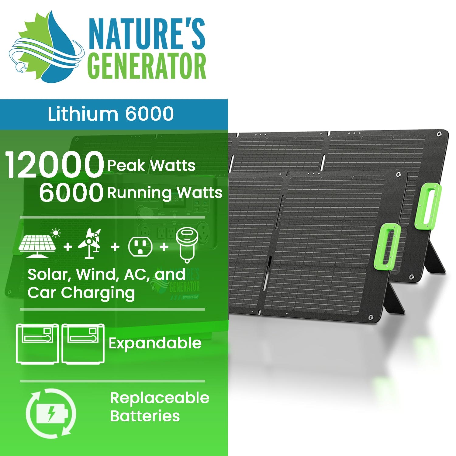 Nature's Generator Lithium 6000 Solar Generator Kit - Generator Vault - Lithium 6000 + 2x 200W Folding Solar Panel - 