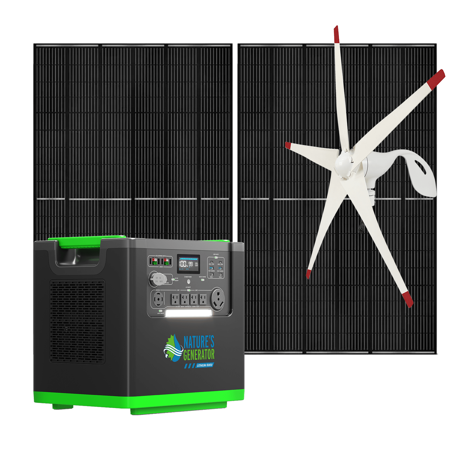 Nature's Generator Lithium 6000 Solar Generator Kit with Wind Turbine - Generator Vault - Lithium 6000 + 2x 410W Rigid Panel + Wind Turbine - 