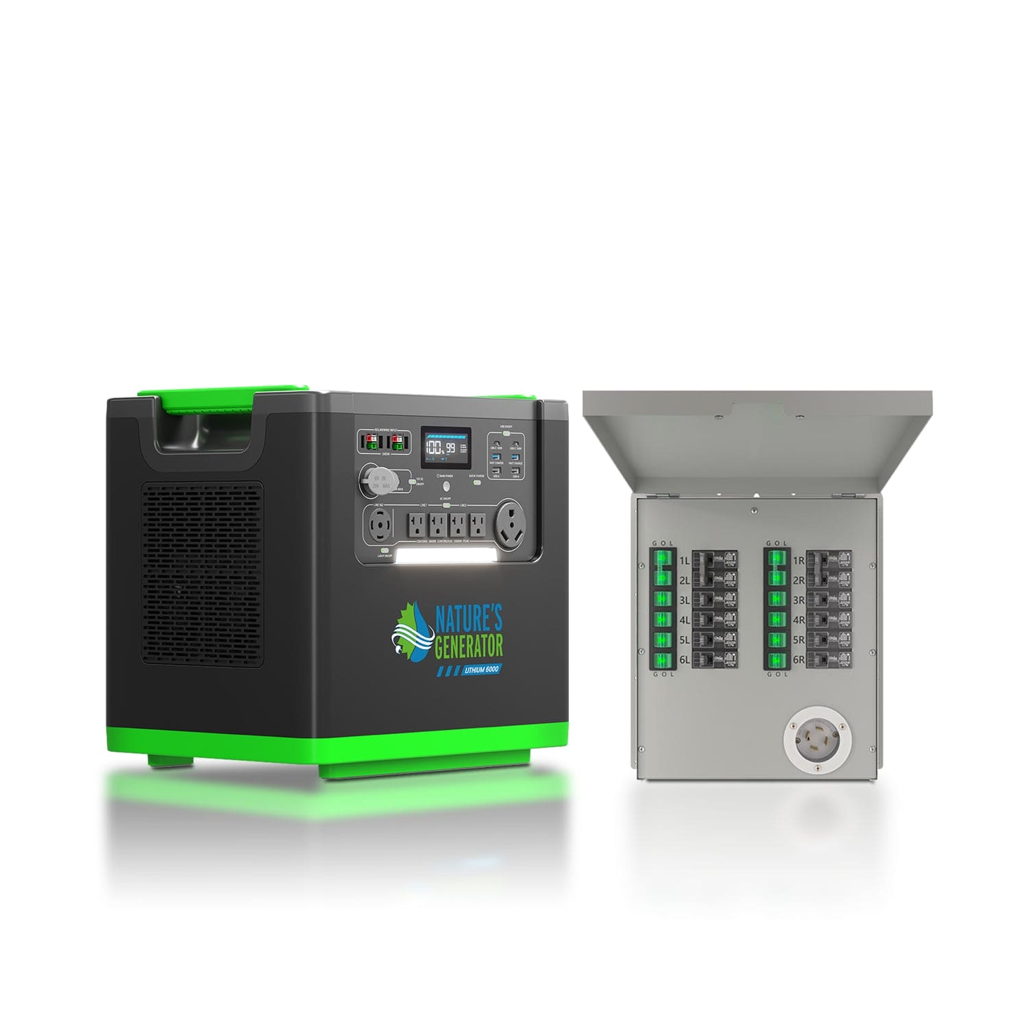 Nature's Generator Lithium 6000 Portable Power Station with Transfer Switch - Generator Vault - Lithium 6000 + 12 - Circuit 30A Transfer Switch - 