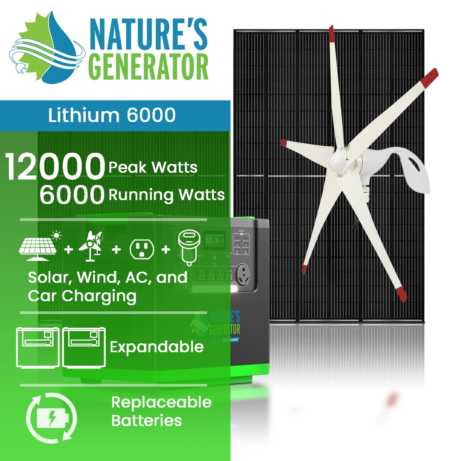 Nature's Generator Lithium 6000 Solar Generator Kit with Wind Turbine - Generator Vault - Lithium 6000 + 2x 410W Rigid Panel + Wind Turbine - 