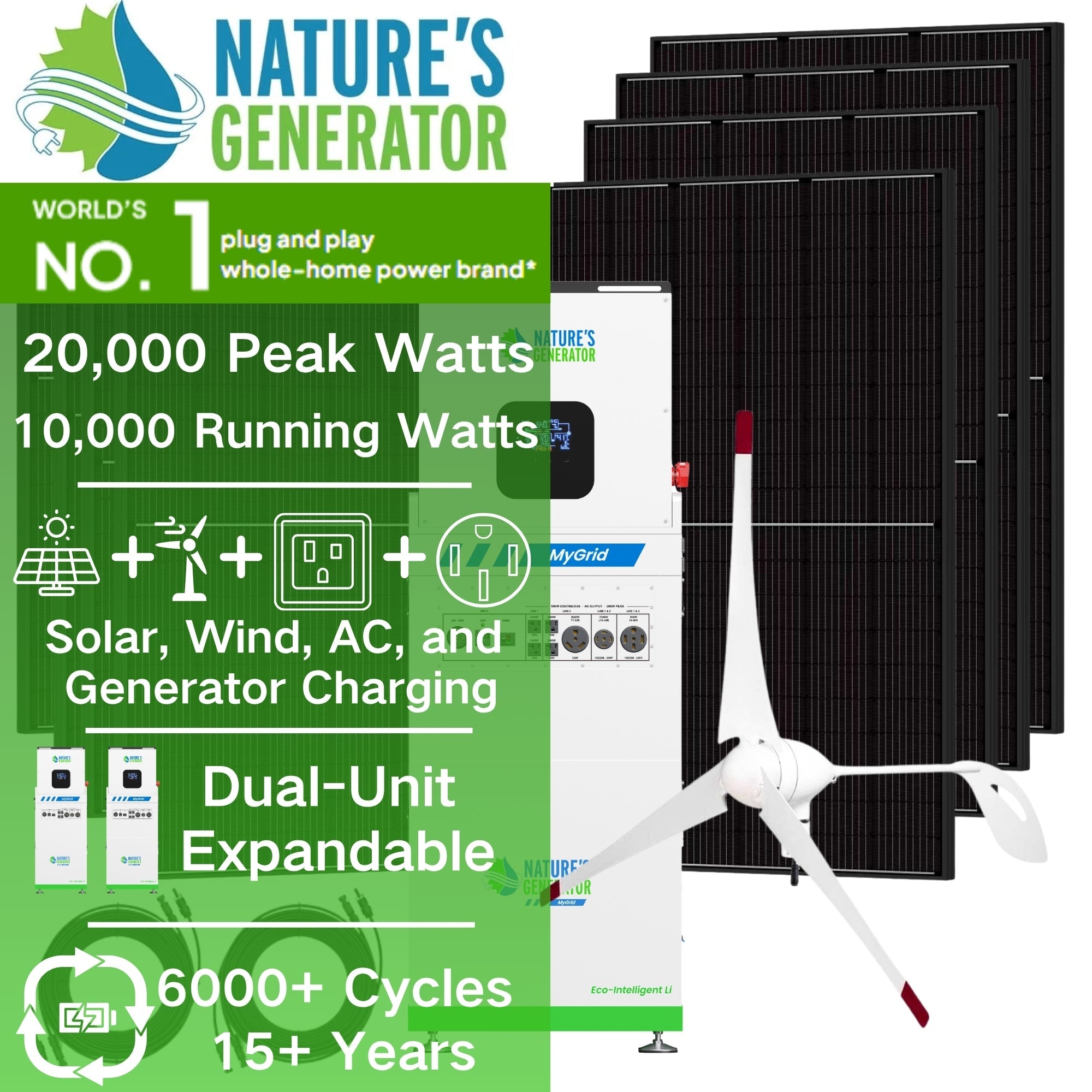 Nature's Generator MyGrid 10K Solar Generator Kit with Wind Turbine - Generator Vault - MyGrid 10K + 8x 410W Rigid Solar + 350W Wind Turbine - 
