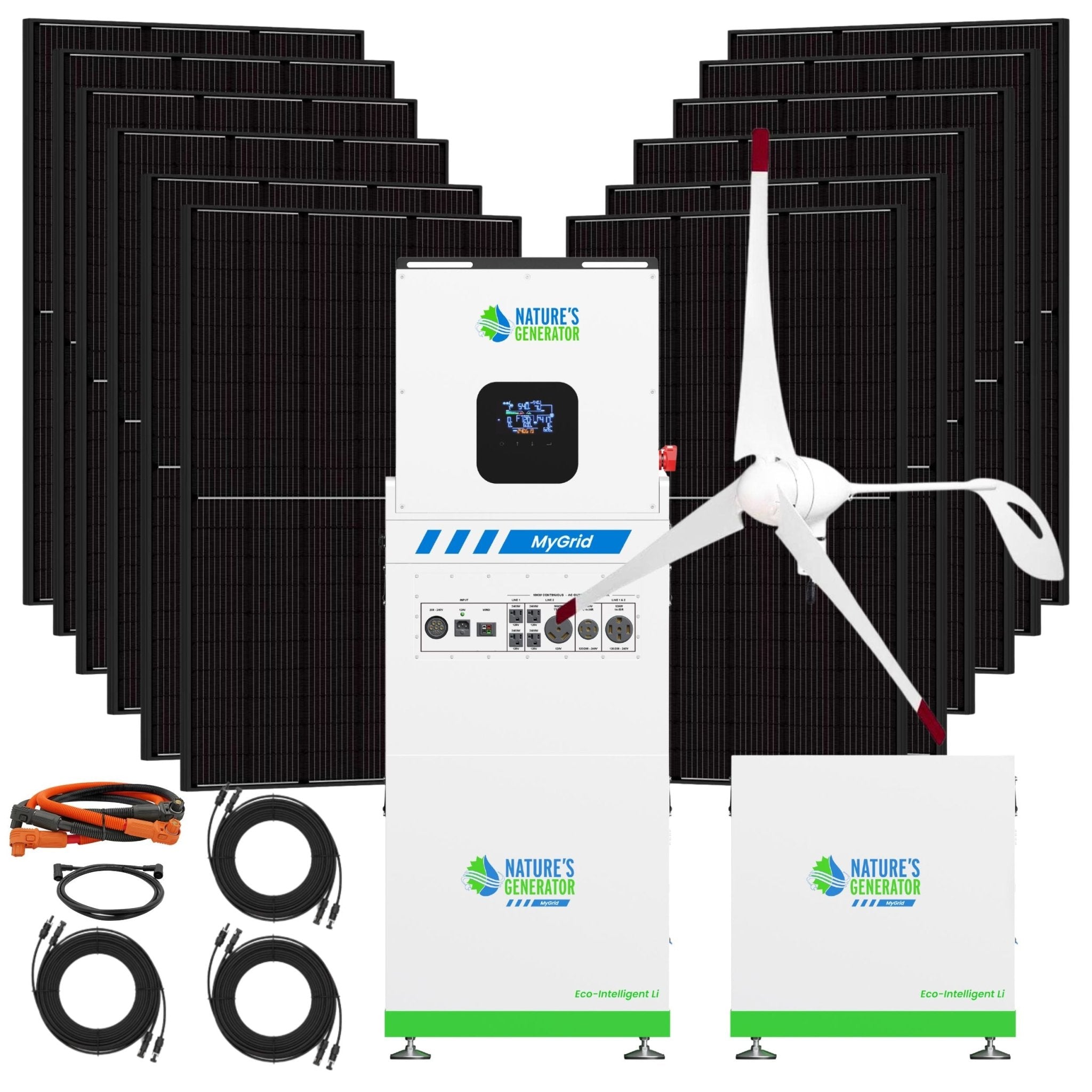 Nature's Generator MyGrid 10K Solar Generator Kit with Wind Turbine - Generator Vault - MyGrid 10K + Solar Battery + 12x 410W Rigid Solar + 350W Wind Turbine - 