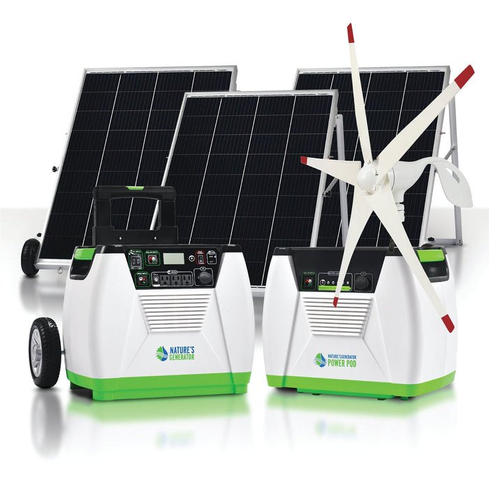 Nature's Generator 1800W Gold WE Solar Generator Kit with Wind Turbine - Generator Vault - Standard 1800 + Power Pod + 3x 100W Rigid Panel + 150W Wind Turbine - 