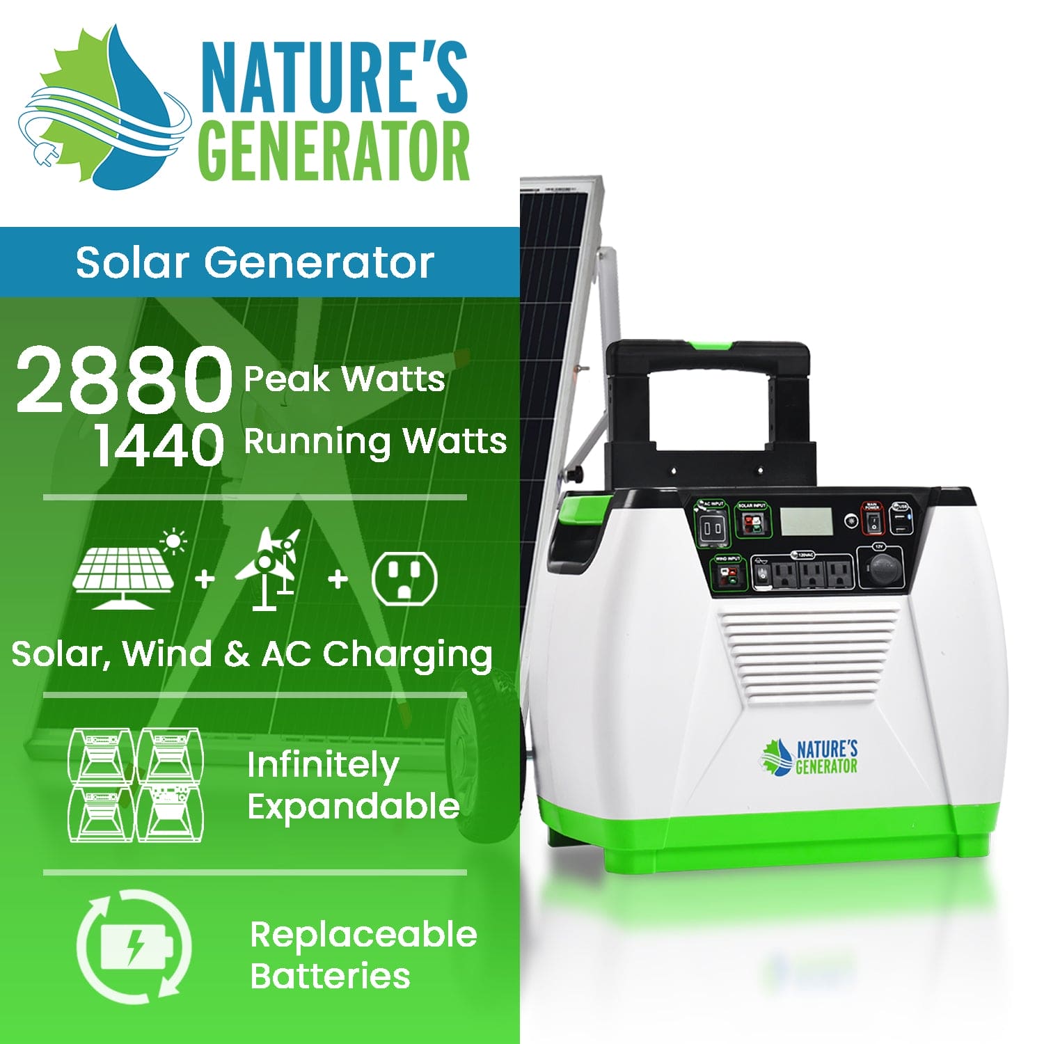 Nature's Generator 1800W Gold WE Solar Generator Kit with Wind Turbine - Generator Vault - Standard 1800 + 100W Rigid Panel + 150W Wind Turbine - 