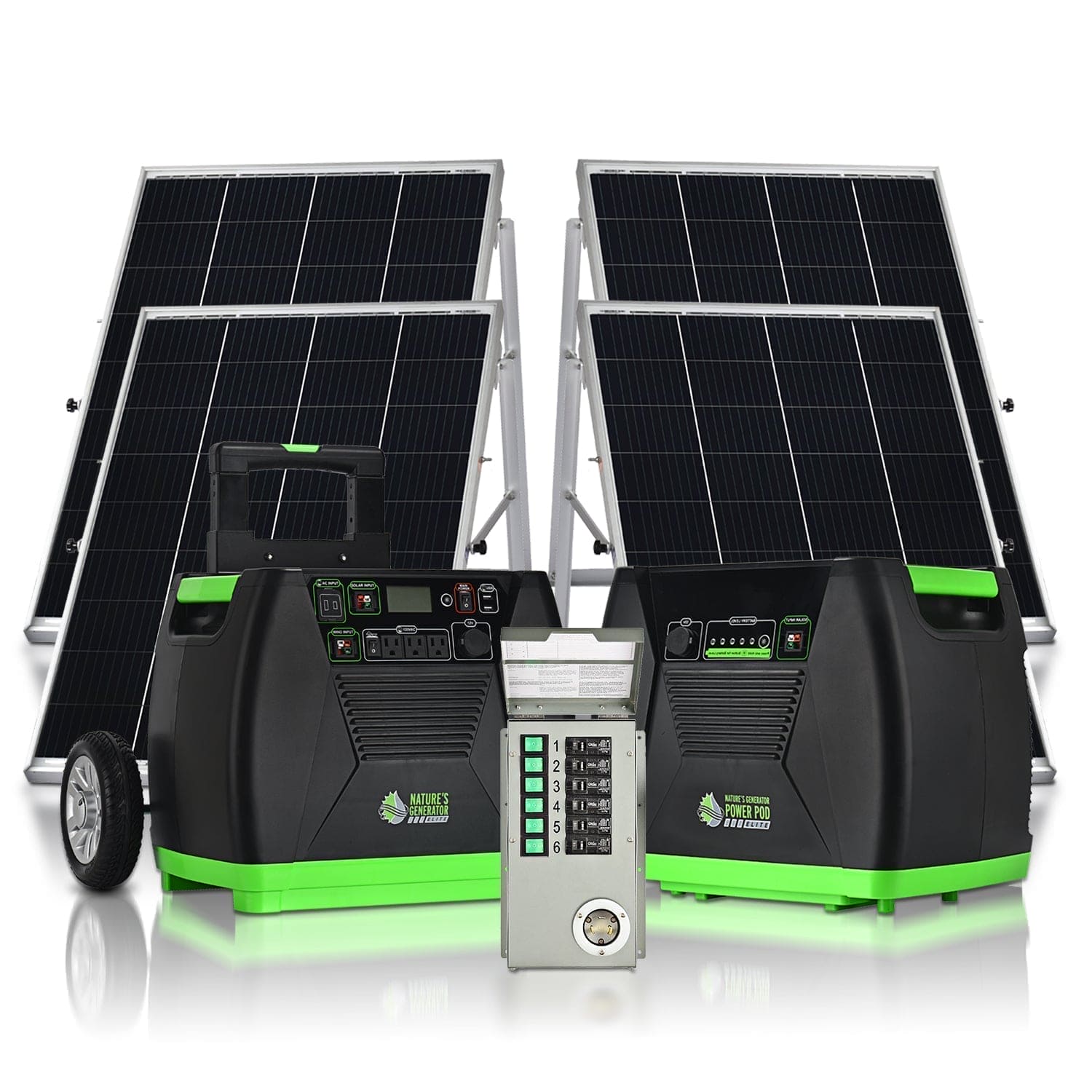 Nature's Generator Elite Gold PE Portable Power Station with Transfer Switch - Generator Vault - Elite Generator + Power Pod + 4x 100W Rigid Panel + Transfer Switch - 