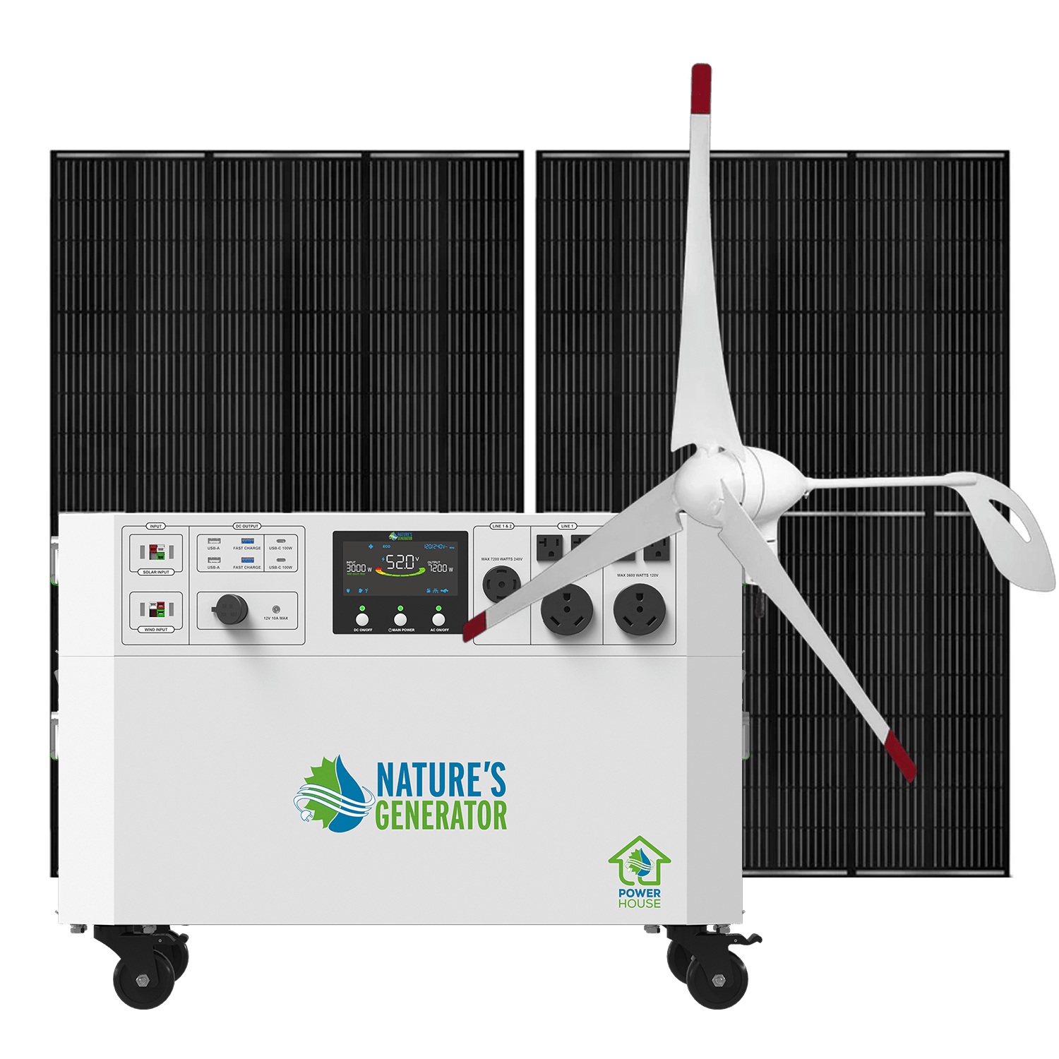 Nature's Generator Powerhouse V2 Solar Generator Kit with Wind Turbine - Generator Vault - Powerhouse + 2x 410W Rigid Panel + 350W Wind Turbine - 