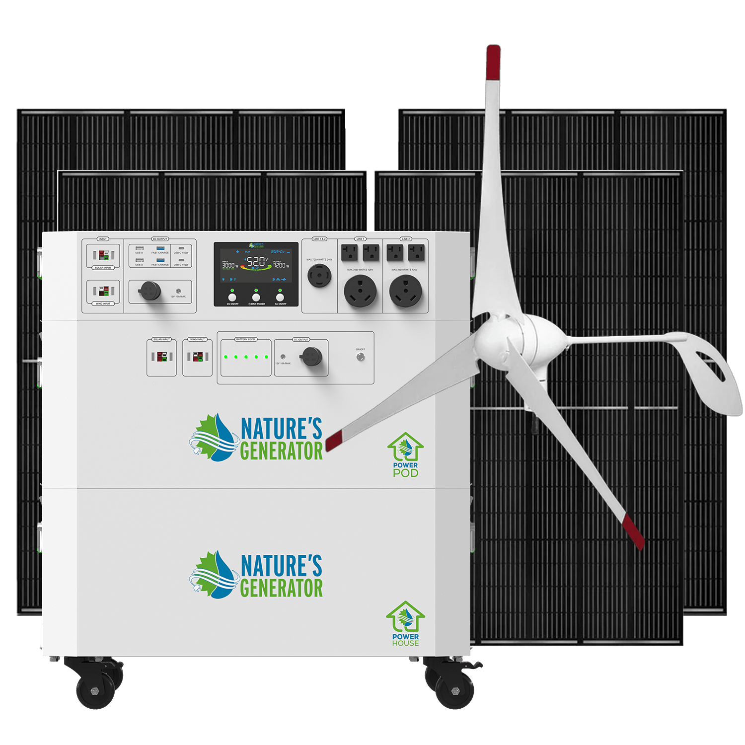 Nature's Generator Powerhouse V2 Solar Generator Kit with Wind Turbine - Generator Vault - Powerhouse + Power Pod + 4x 410W Rigid Panel + 350W Wind Turbine - 