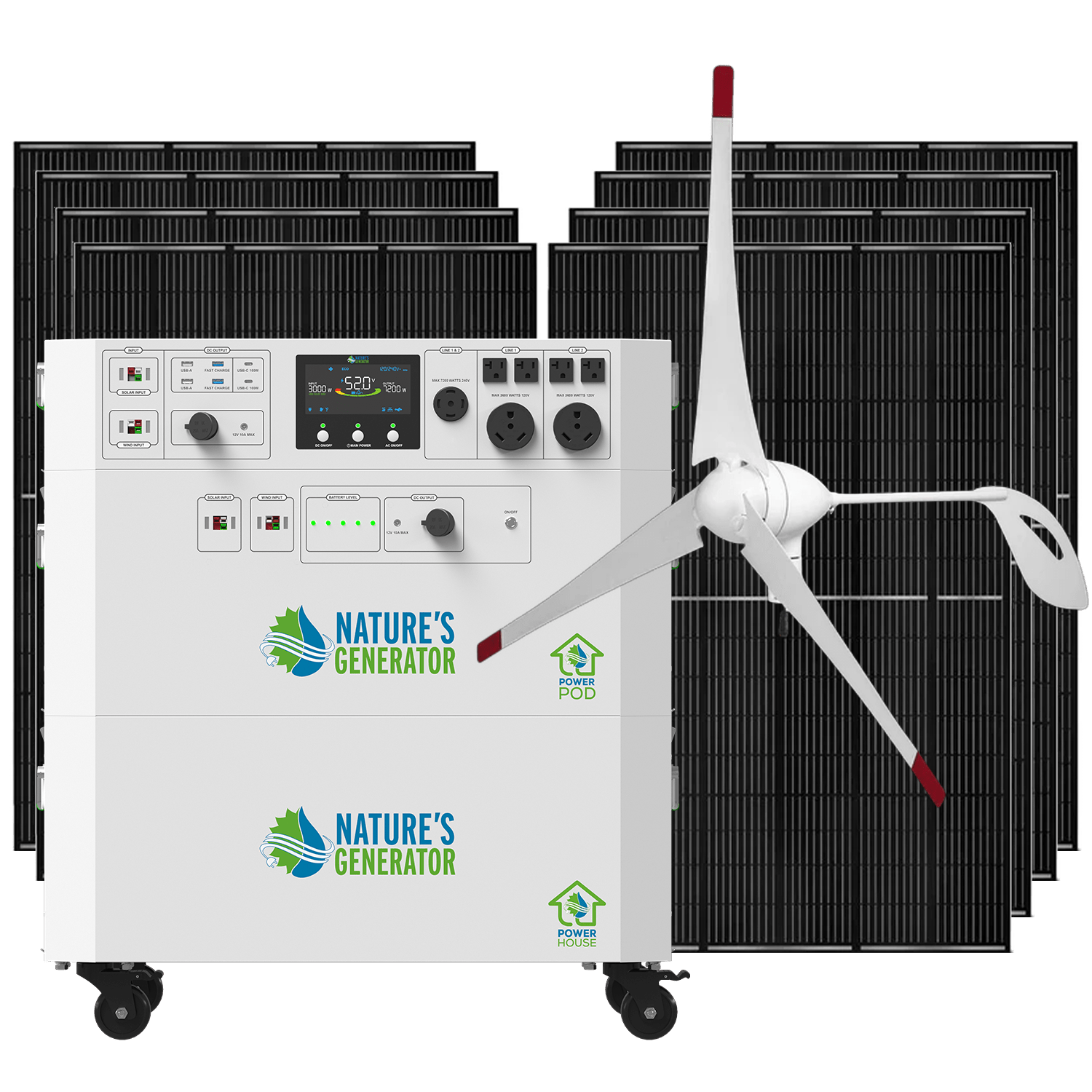 Nature's Generator Powerhouse V2 Solar Generator Kit with Wind Turbine - Generator Vault - Powerhouse + Power Pod + 8x 410W Rigid Panel + 350W Wind Turbine - 