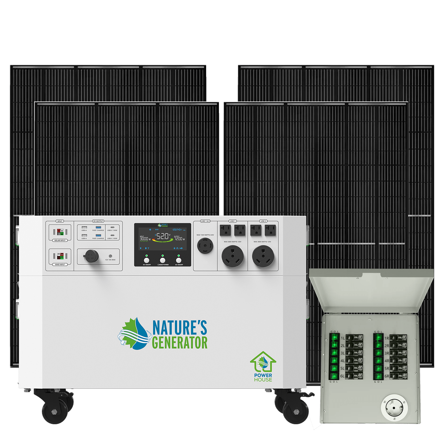 Nature's Generator Powerhouse V2 Portable Power Station with Transfer Switch - Generator Vault - Powerhouse + 4x 410W Rigid Panel + Transfer Switch - 