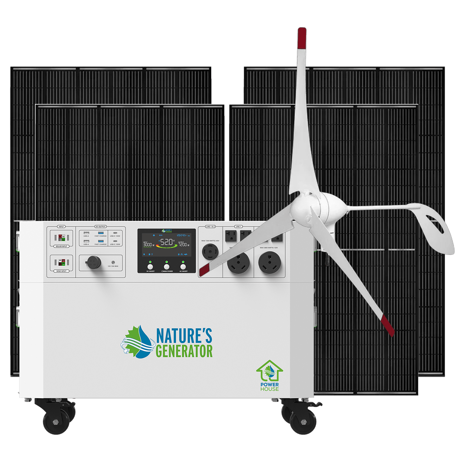 Nature's Generator Powerhouse V2 Solar Generator Kit with Wind Turbine - Generator Vault - Powerhouse + 4x 410W Rigid Panel + 350W Wind Turbine - 