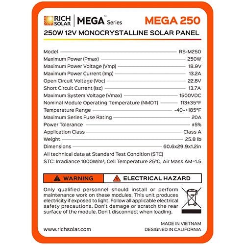 Rich Solar Mega 250 Watt Monocrystalline Solar Panel Silver - Generator Vault - 