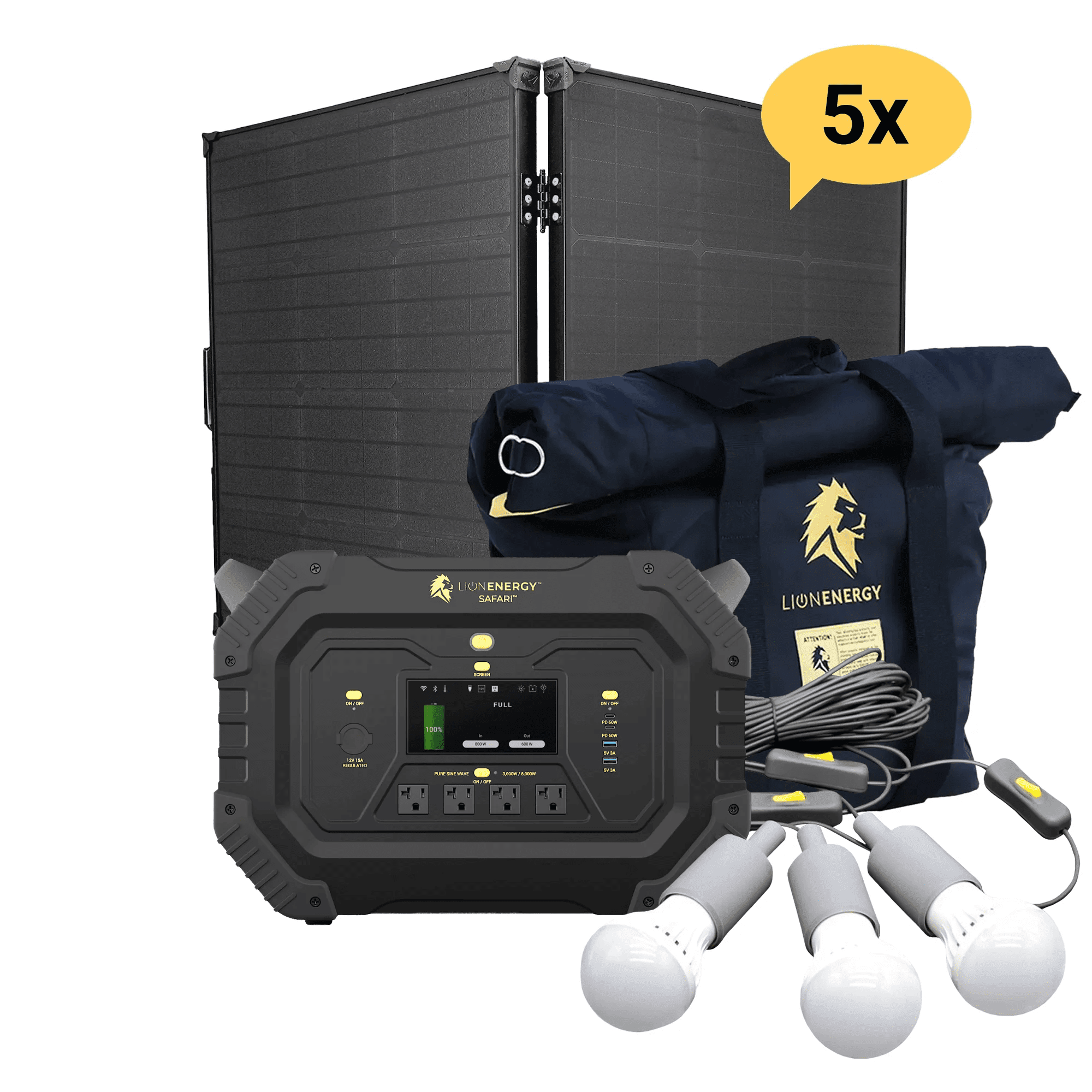 Lion Energy Safari 3000W Portable Power Station Custom Bundle Solar Generator Kit - Generator Vault-5 Solar panels-1 EMP Bag-1 LED light string