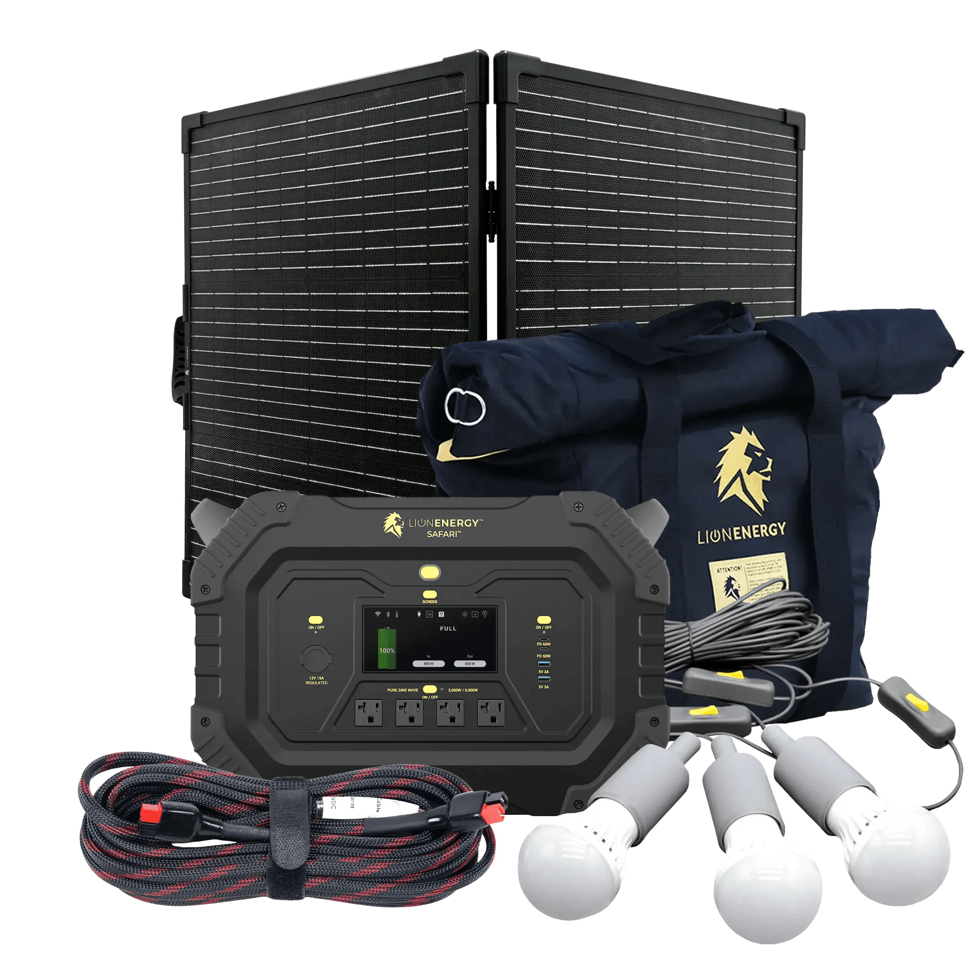 Lion Energy Safari 3000W Portable Power Station Custom Bundle Solar Generator Kit - Generator Vault-1 Solar panel-1 EMP Bag-1 LED light string