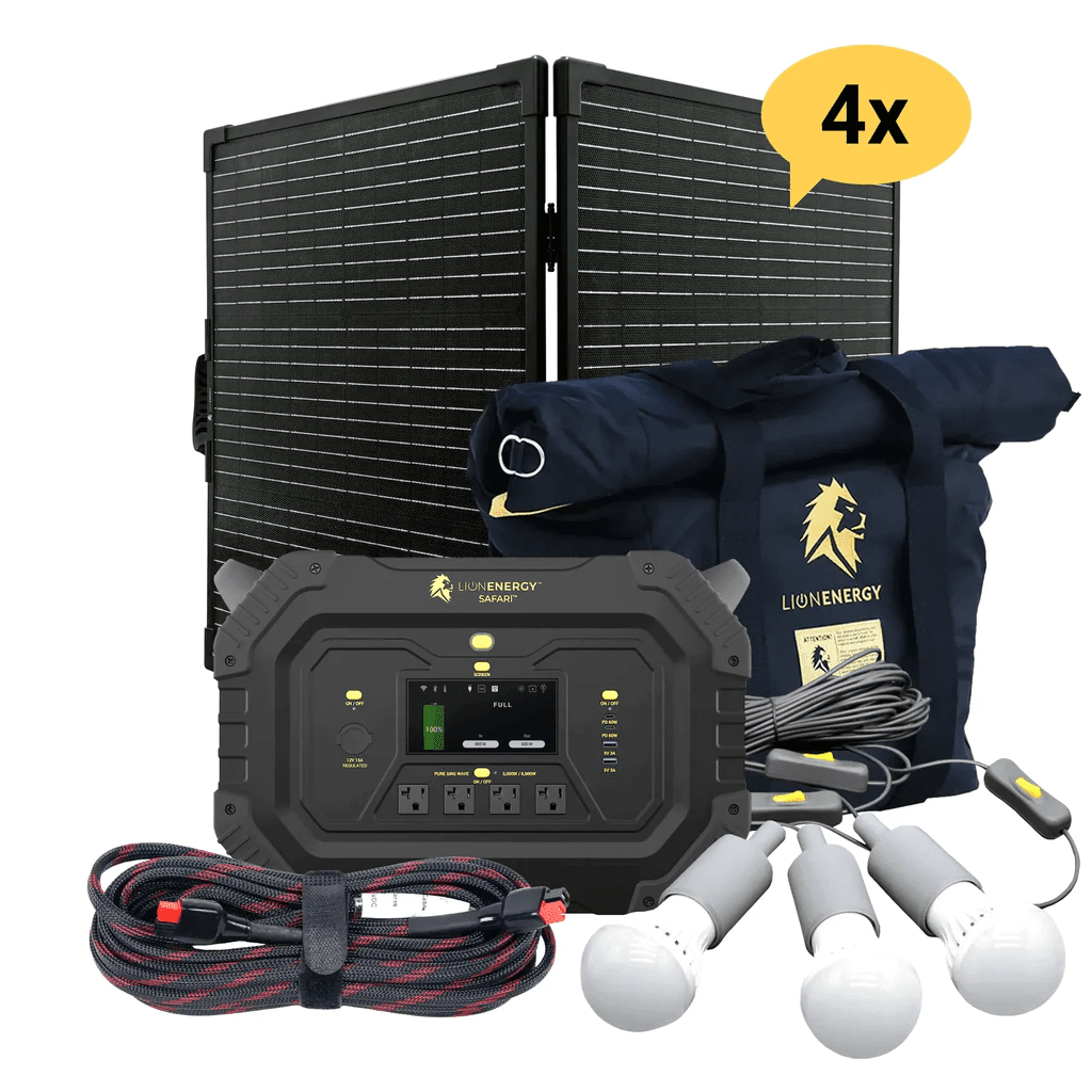 Lion Energy Safari 3000W Portable Power Station Custom Bundle Solar Generator Kit - Generator Vault-4 Solar panels-1 EMP Bag-1 LED light string