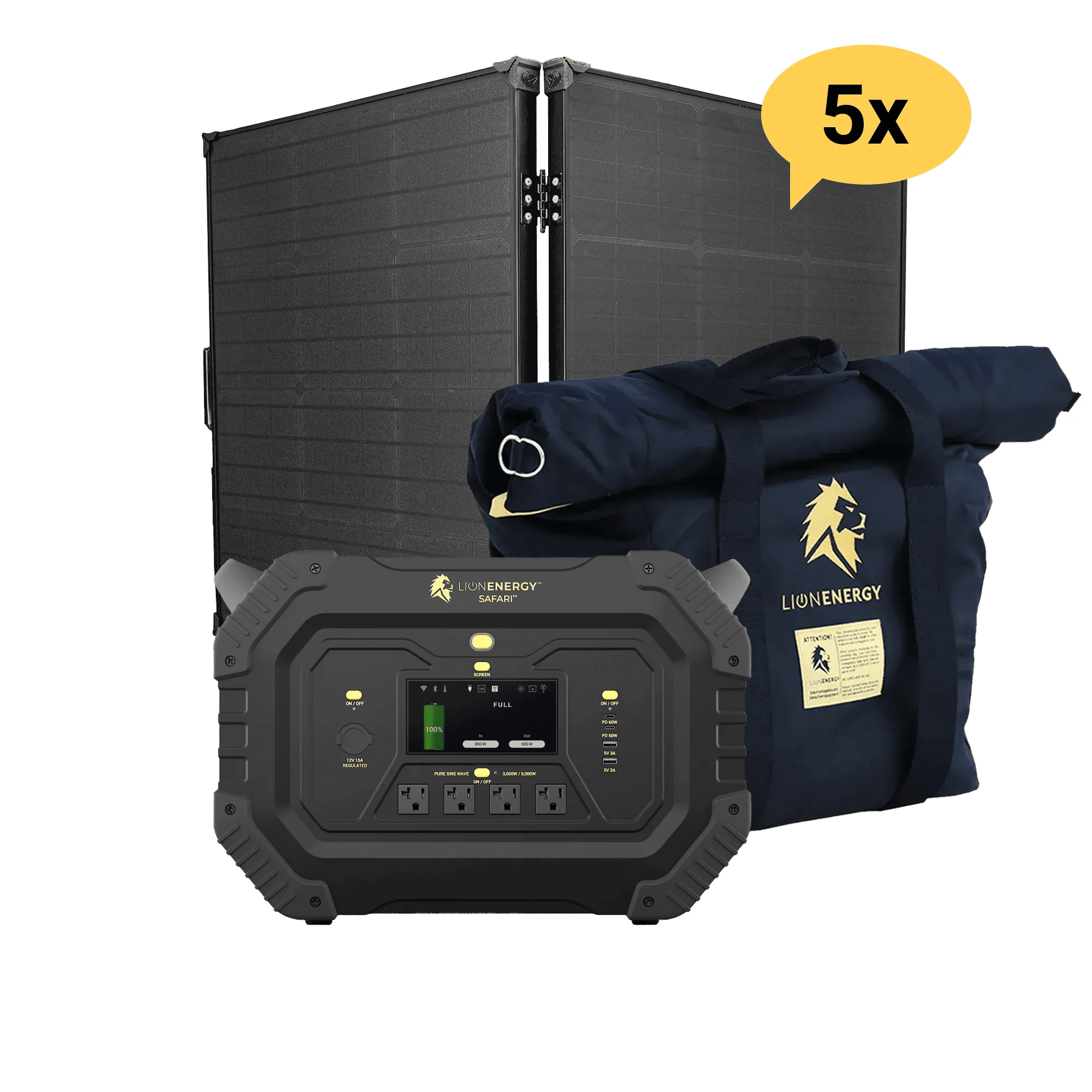 Lion Energy Safari 3000W Portable Power Station Custom Bundle Solar Generator Kit - Generator Vault-5 Solar panels-1 EMP Bag-0 LED light strings