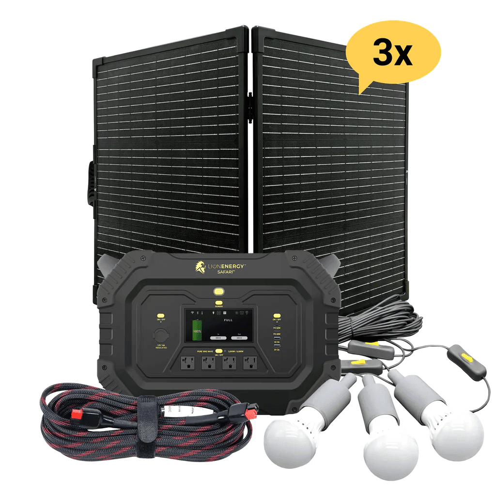Lion Energy Safari 3000W Portable Power Station Custom Bundle Solar Generator Kit - Generator Vault-3 Solar panels-0 EMP Bags-1 LED light string
