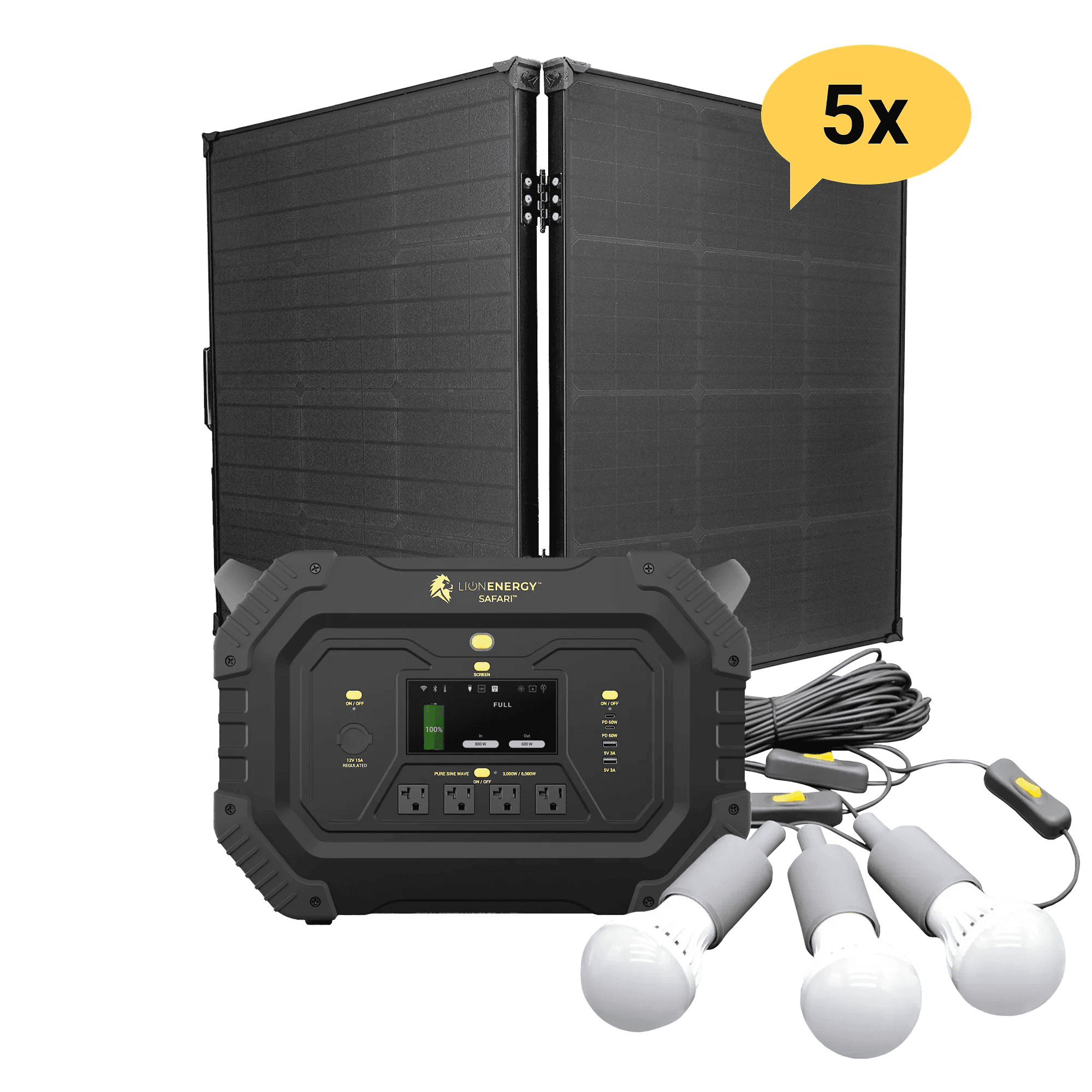 Lion Energy Safari 3000W Portable Power Station Custom Bundle Solar Generator Kit - Generator Vault-5 Solar panels-0 EMP Bags-1 LED light string