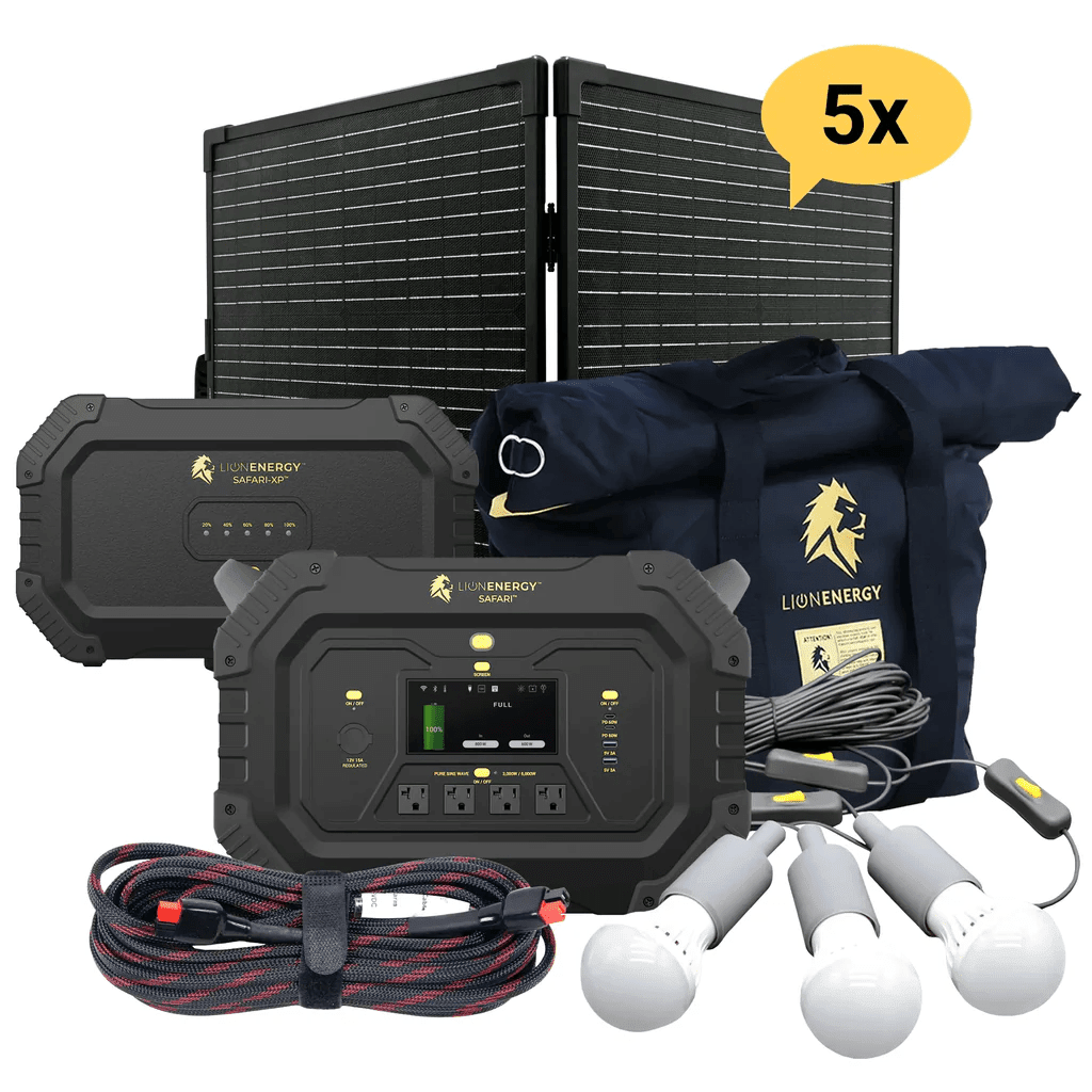 Lion Energy Safari Plus XP 4300Wh Solar Generator Kit Bundle - Generator Vault-5 Solar panels-1 EMP Bag-1 LED light string