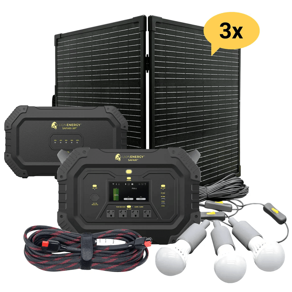Lion Energy Safari Plus XP 4300Wh Solar Generator Kit Bundle - Generator Vault-3 Solar panels-0 EMP Bags-1 LED light string