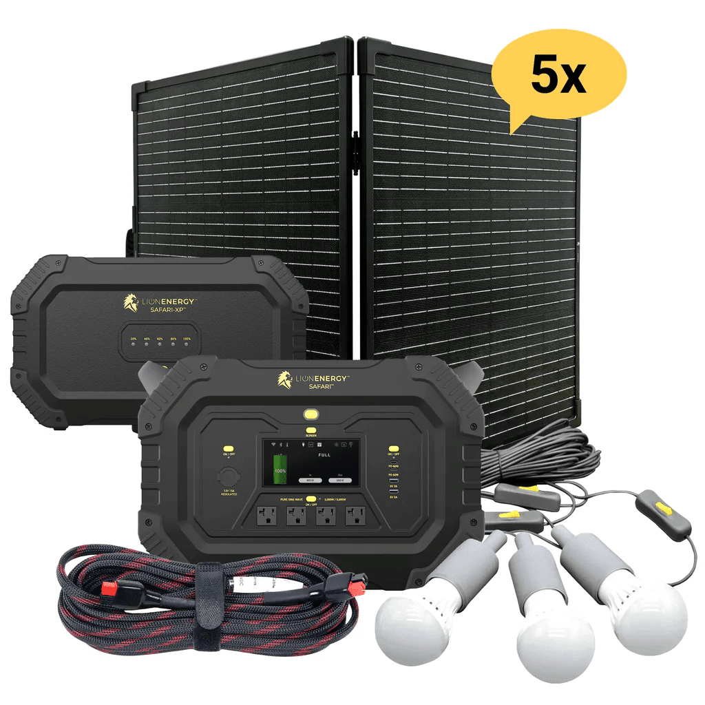 Lion Energy Safari Plus XP 4300Wh Solar Generator Kit Bundle - Generator Vault-5 Solar panels-0 EMP Bags-1 LED light string