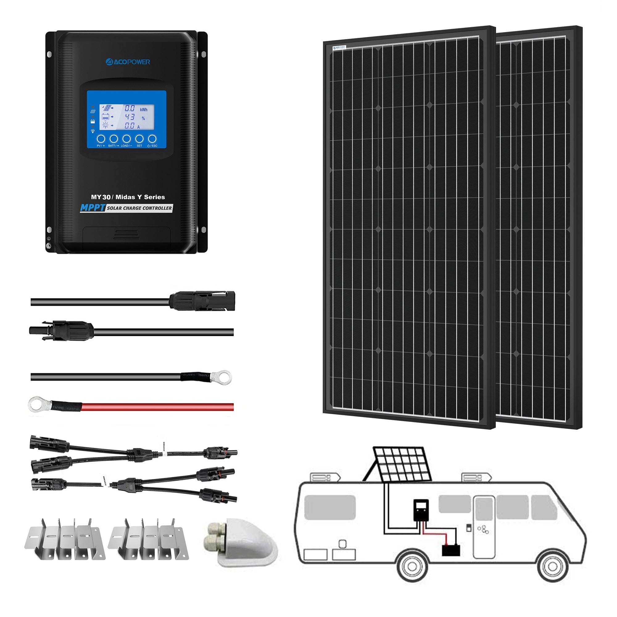ACOPOWER 12V/24V 200W Mono Solar RV Kits with 30A MPPT Charge