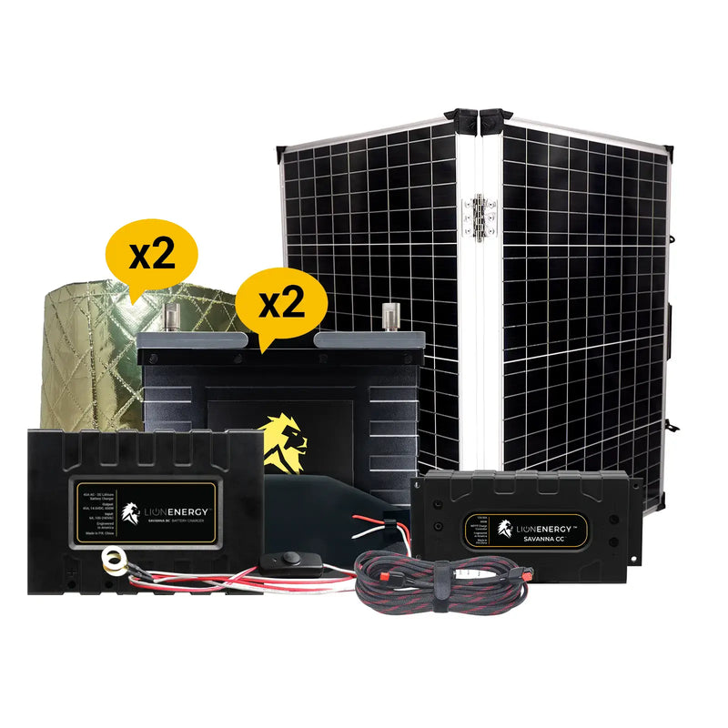 Lion Energy 12V 105Ah Lithium Battery Solar Power System with Charger, 2 Warmer & Panel 999RV251