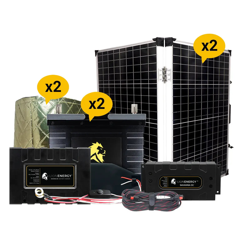 Lion Energy 12V 105Ah Lithium Battery Solar Power System with Charge Controller, Charger, 2 Warmer & 2 Panels 999RV252