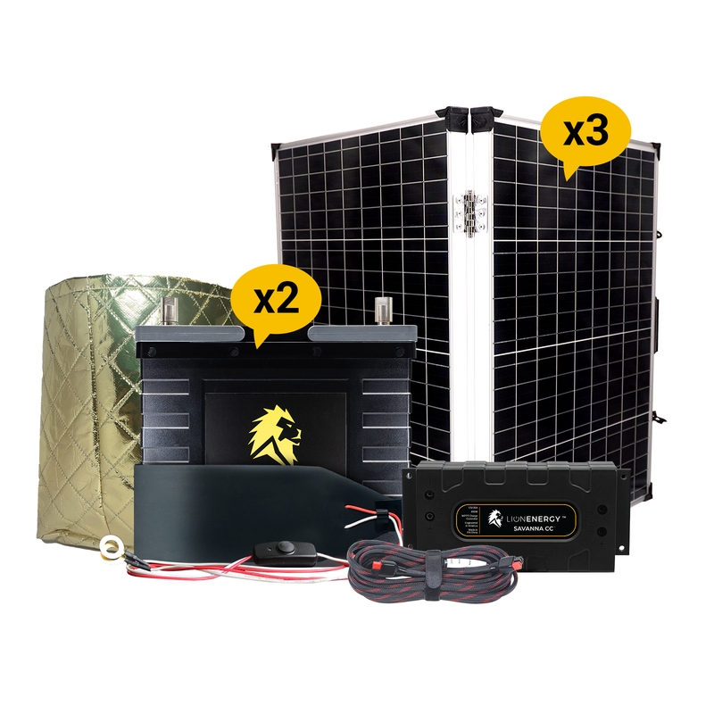 Lion Energy 12V 105Ah Lithium Battery Solar Power System with Charge Controller, Warmer & 3 Panels 999RV261