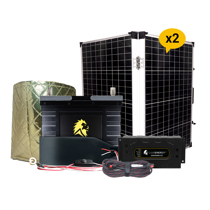 Lion Energy 12V 105Ah Lithium Battery Solar Power System with Charge Controller, Warmer & 2 Panels 999RV160
