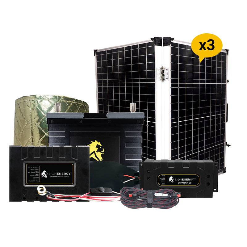 Lion Energy 12V 105Ah Lithium Battery Solar Power System with charge Controller, Charger, Warmer & 3 Panel 999RV153