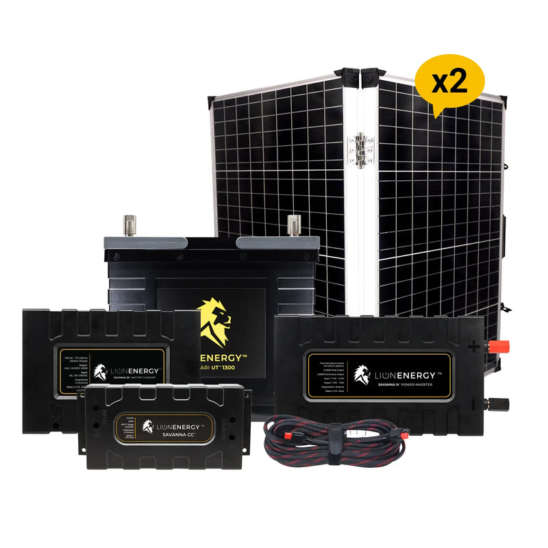 Lion Energy 12V 105Ah Lithium Battery Solar Power System with Charge Controller, Charger, Inverter & 2 Panels 999RV121