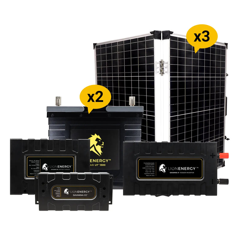 Lion Energy 12V 105Ah Lithium Battery Solar Power System with Charge Controller, Inverter, Charger & 3 Panels 999RV222