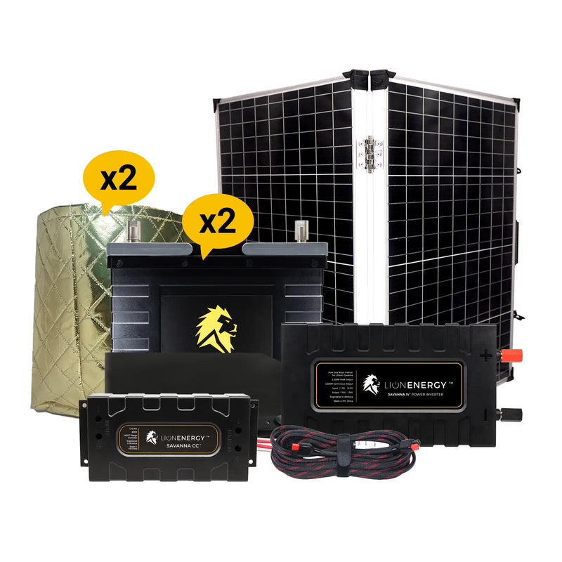 Lion Energy 12V 105Ah Lithium Battery Solar Power System with Charge Controller, Inverter, 2 Warmer & 1 Panel 999RV263